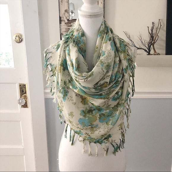 Blue Green Floral Fringe Square Scarf, 42” x 39” - Picture 3 of 8